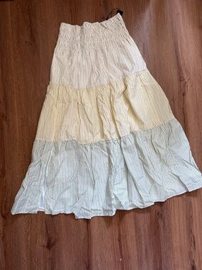 Fashion Nova Tiered Striped Maxi Skirt in Cream, Pale Yellow & Green